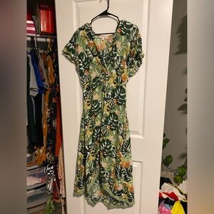 America & Beyond tropical flowers high-low hem deep V-neck maxi dress sz L